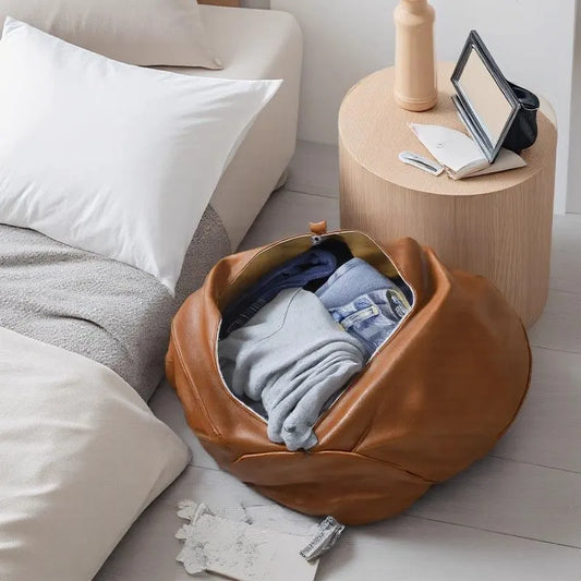 Orange Faux Leather Pumpkin Pouf Cover - DIY Unfilled Round Ottoman for Clothes Storage and Footrest - 50x30cm Versatile Home Decor - Image 3