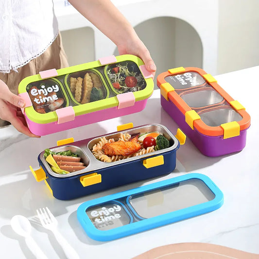 Blue Premium Stainless Steel 3-Compartment Lunch Box - Leak-Proof 500ml Portable Bento Box for Students and Office Professionals - Image 2