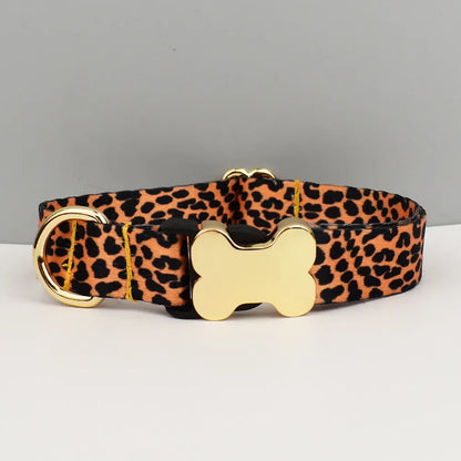 M Leopard Print Patterned Dog Collar with Gold Metal Bone Buckle Adjustable Tribal & Leopard Print Neck Strap for Puppies & Dogs