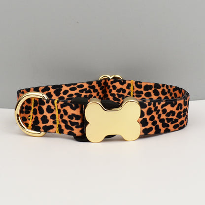 L Leopard Print Boho Patterned Dog Collar with Gold Metal Bone Buckle Adjustable Tribal & Leopard Print Neck Strap for Puppies & Dogs