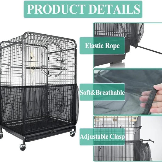 L Black Star【Height 30, Circumference 220】 Large Bird Cage Seed Catcher Net Cover - Adjustable Mesh Guard Splash-Proof Dust Cover for Indoor Outdoor Cages - Image 2