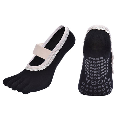 Black 2pcs Women's 5-Finger Ballet Style Yoga Socks - Non-Slip Grip Pilates & Dance Socks with Elegant Lace Trim and Elastic Cross Strap