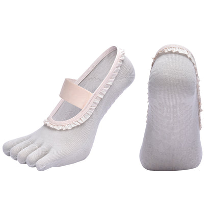 Grey 2pcs Women's 5-Finger Ballet Style Yoga Socks - Non-Slip Grip Pilates & Dance Socks with Elegant Lace Trim and Elastic Cross Strap