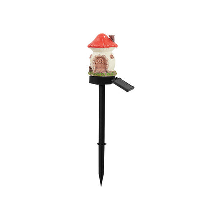 Red House Solar Powered Mushroom House Garden Stake Lights - Outdoor Waterproof Resin Landscape Decorative Lamps with Warm LED Glow for Patio, Lawn, and Yard