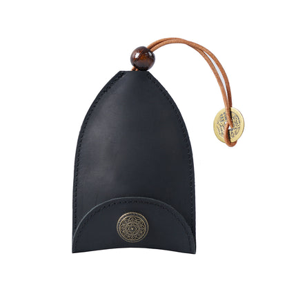 Black Vintage Crazy Horse Leather Key Organizer - Handmade Pull-Out Car Key Case & Home Key Holder with Retro Coin Charm