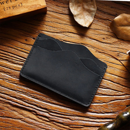 Black Minimalist Slim Crazy Horse Leather Card Holder - Vintage Handcrafted Top Grain Cowhide Wallet and ID Case for Men