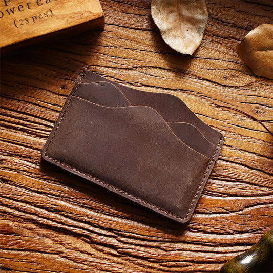 Coffee Minimalist Slim Crazy Horse Leather Card Holder - Vintage Handcrafted Top Grain Cowhide Wallet and ID Case for Men