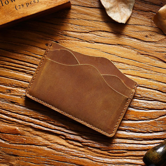 Brown Minimalist Slim Crazy Horse Leather Card Holder - Vintage Handcrafted Top Grain Cowhide Wallet and ID Case for Men