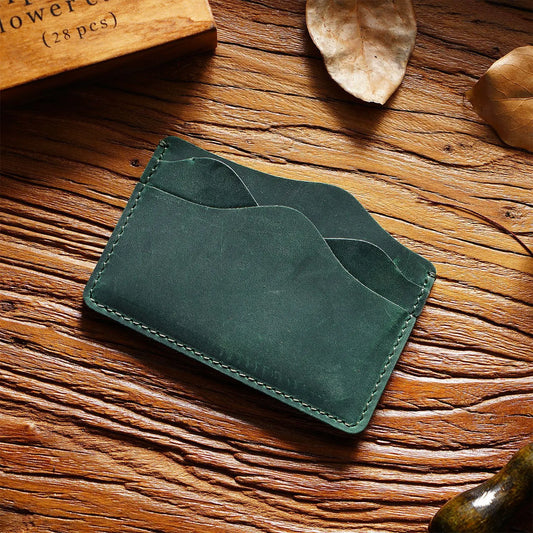 Green Minimalist Slim Crazy Horse Leather Card Holder - Vintage Handcrafted Top Grain Cowhide Wallet and ID Case for Men