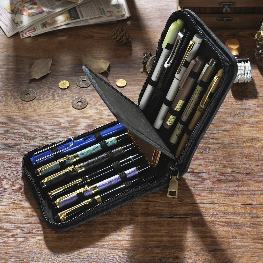 Black 12-Slot Genuine Crazy Horse Leather Fountain Pen Case - Handcrafted Large Capacity Zippered Pen Organizer & Stationery Pouch - Image 3