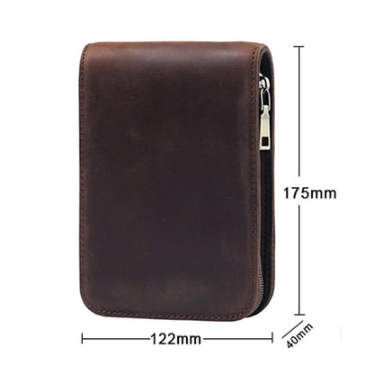 Wine Red 12-Slot Genuine Crazy Horse Leather Fountain Pen Case - Handcrafted Large Capacity Zippered Pen Organizer & Stationery Pouch - Image 2