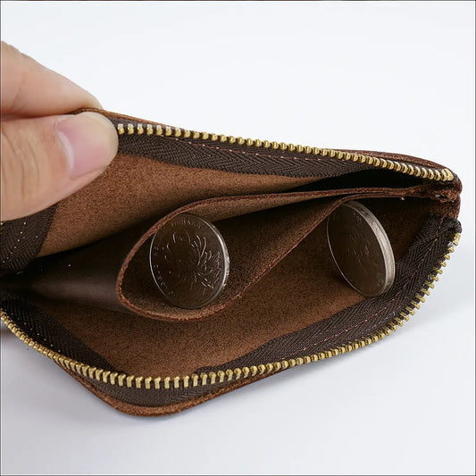 Blue Handmade Crazy Horse Leather Wallet Minimalist L-Zip Card Holder Top Layer Cowhide Short Purse with Coin Pocket 12cm Vintage Style - Image 2