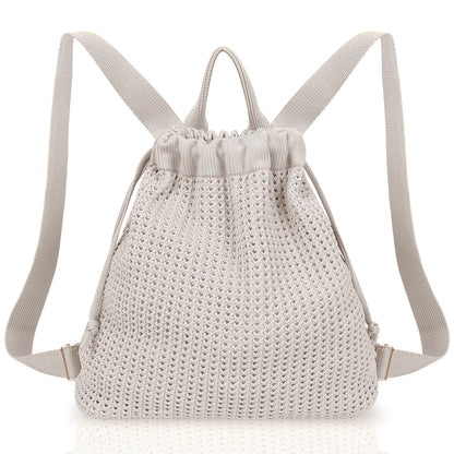 Grey Bohemian Crochet Knit Drawstring Backpack - Hand-Woven Versatile Tote & Shoulder Bag for Vacation, Travel, and Daily Use