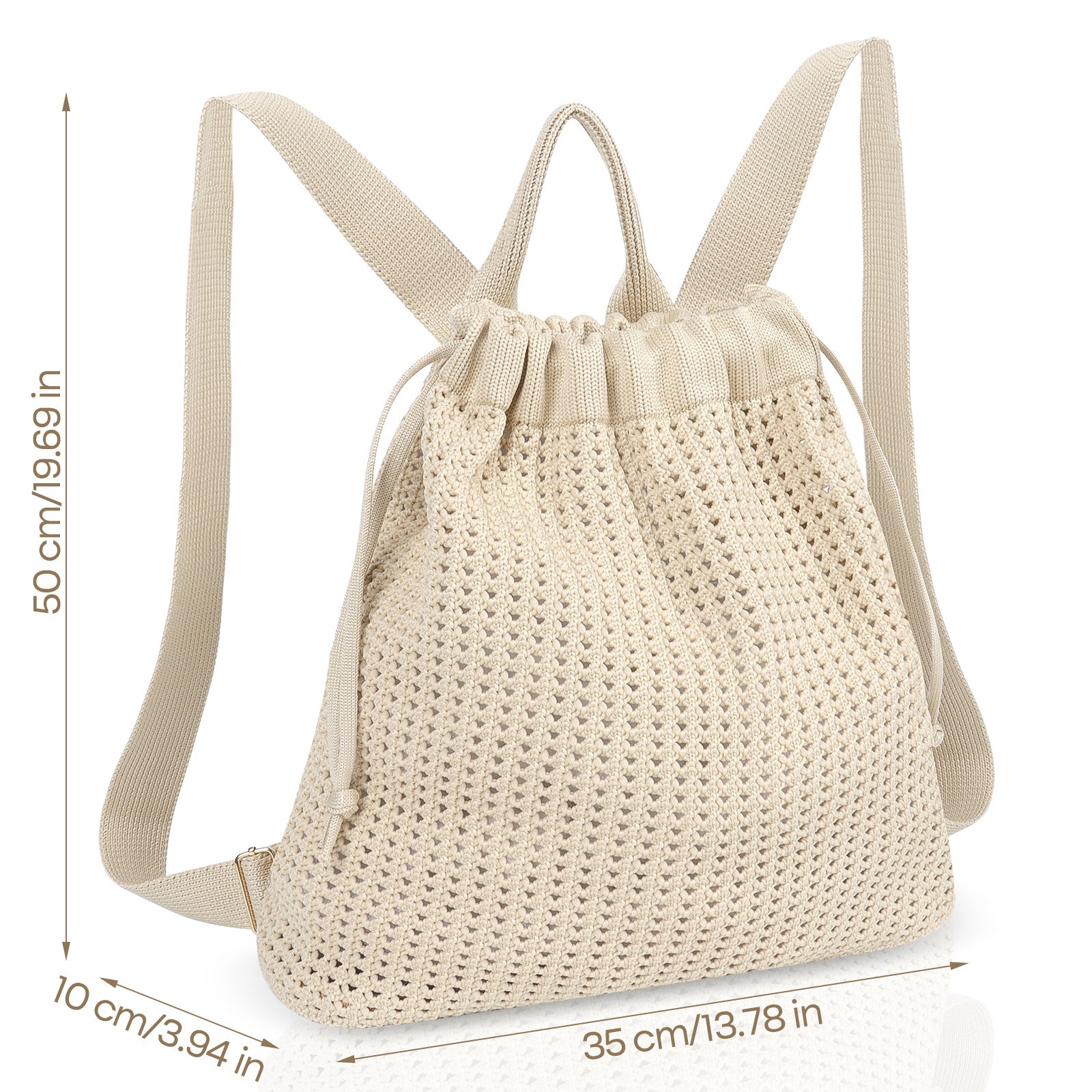 Grey Bohemian Crochet Knit Drawstring Backpack - Hand-Woven Versatile Tote & Shoulder Bag for Vacation, Travel, and Daily Use - Image 2