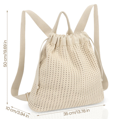 Grey Bohemian Crochet Knit Drawstring Backpack - Hand-Woven Versatile Tote & Shoulder Bag for Vacation, Travel, and Daily Use - Image 2