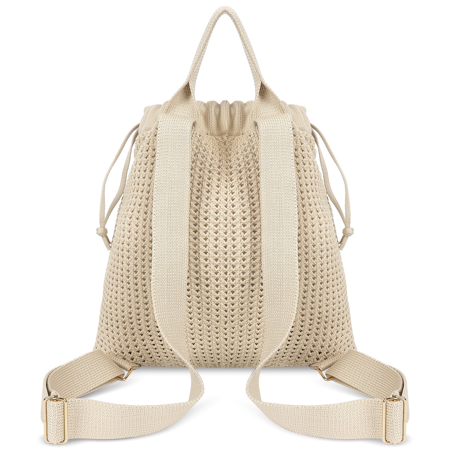 Khaki Bohemian Crochet Knit Drawstring Backpack - Hand-Woven Versatile Tote & Shoulder Bag for Vacation, Travel, and Daily Use - Image 3