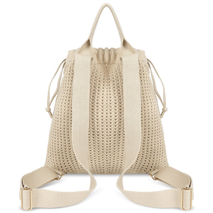 Khaki Bohemian Crochet Knit Drawstring Backpack - Hand-Woven Versatile Tote & Shoulder Bag for Vacation, Travel, and Daily Use - Image 3