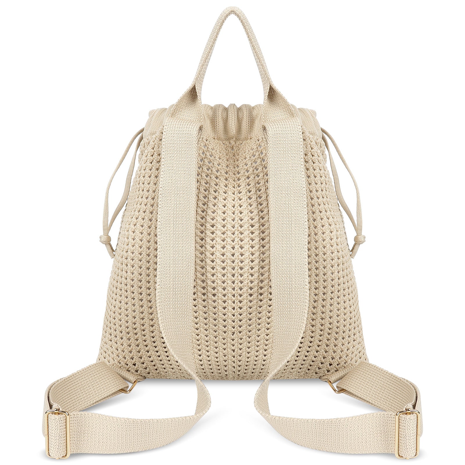 Beige Bohemian Crochet Knit Drawstring Backpack - Hand-Woven Versatile Tote & Shoulder Bag for Vacation, Travel, and Daily Use - Image 3