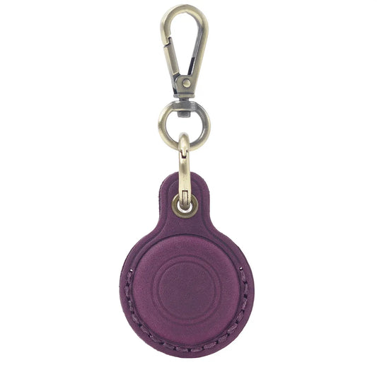 Purple Genuine Crazy Horse Leather Case for Apple AirTag Protective Tracker Holder Keychain with Metal Clip Anti-Lost Fob for Keys Pets Luggage