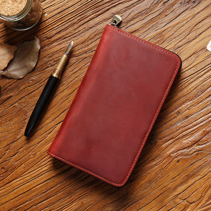 Wine Red Genuine Crazy Horse Leather Fountain Pen Case Zippered Organiser Pouch with 5 Elastic Loops & Mesh Pocket Vintage Stationery Holder