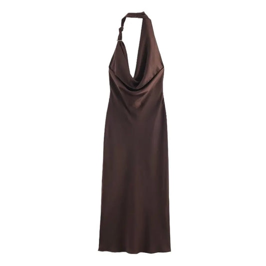 M Elegant Halter Neck Satin Midi Dress - Sexy Asymmetric Draped Evening Gown with Metal Hardware Accent for Women - Image 3