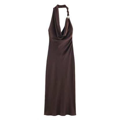 L Elegant Halter Neck Satin Midi Dress - Sexy Asymmetric Draped Evening Gown with Metal Hardware Accent for Women