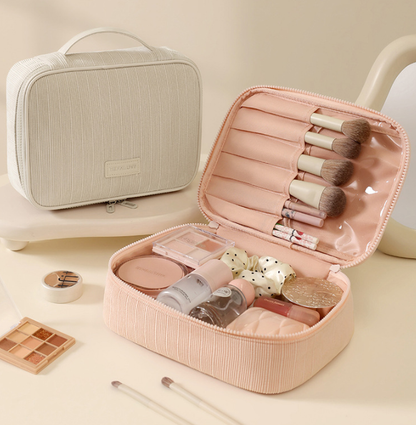 Pink Professional Large Capacity Travel Makeup Bag - Multifunctional Cosmetic Organizer with Dedicated Brush Slots and Portable Handle - Image 3