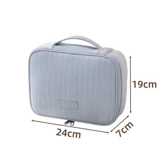 Blue Professional Large Capacity Travel Makeup Bag - Multifunctional Cosmetic Organizer with Dedicated Brush Slots and Portable Handle