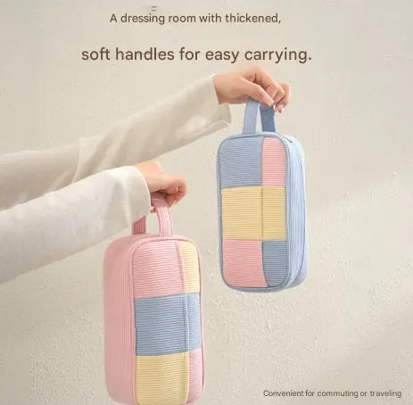 Pink Trendy Color-Block Corduroy Makeup Bag - Large Capacity Travel Cosmetic Organizer with Easy-Access Wide Opening and Portable Handle - Image 3