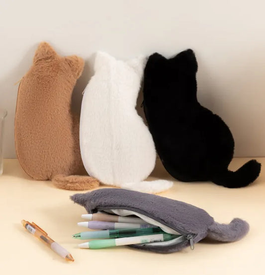 Black 3-Pack Adorable Plush Cat Pencil Case Set - Large Capacity Kawaii Kitty Shape Stationery Pouch for School, Office and Students - Image 3