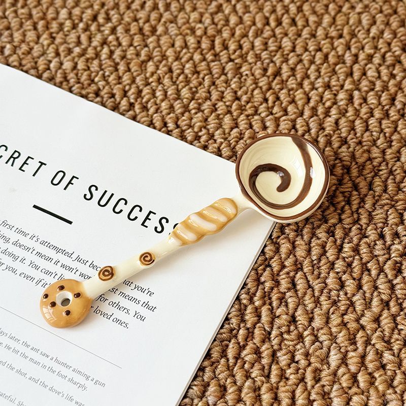 Cookies Scoop Creative Hand-Painted Ceramic Spoon - Cute Cartoon Bakery Series Long Handle Soup Spoon - High-Quality Underglaze Tableware for Desserts and Coffee