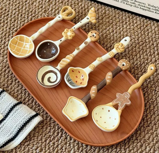Toast Scoop Creative Hand-Painted Ceramic Spoon - Cute Cartoon Bakery Series Long Handle Soup Spoon - High-Quality Underglaze Tableware for Desserts and Coffee - Image 2