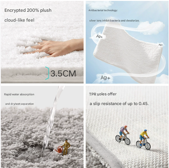 Light Grey 50*80cm Luxury 3.5cm Shag Bath Mat | Silver Ion Antibacterial Technology | Quick Dry Non-Slip TPR Bathroom Rug - Image 4