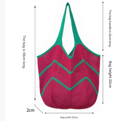 Green Bohemian Chic Knit Tote Bag | Large Capacity Chevron Weave Shoulder Bag | Fashionable Casual Mesh Carryall - Image 2