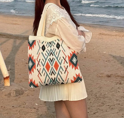 Beige Bohemian Tribal Print Knit Tote Bag | Large Capacity Woven Style Handbag | Fashion Ethnic Shoulder Carryall - Image 2