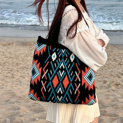 Black Bohemian Tribal Print Knit Tote Bag | Large Capacity Woven Style Handbag | Fashion Ethnic Shoulder Carryall - Image 2