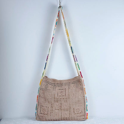 Light Khaki Chic Bohemian Hollow Knit Tote Bag | Large Capacity Crossbody Shoulder Bag | Versatile Casual Holiday Style