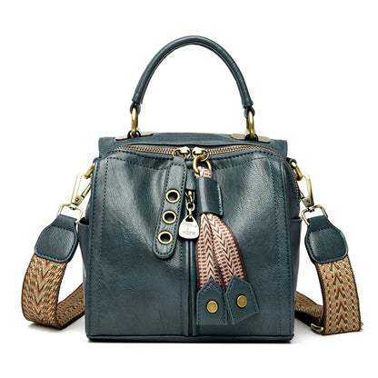 Blue Vintage Look PU Leather Box Bag | Stylish Top Handle Crossbody Tote | Multi-Carry Bucket Bag with Wide Strap