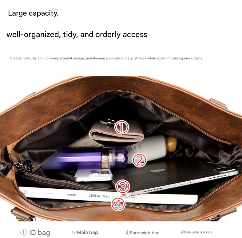Black Vintage Soft PU Leather Tote Bag | Large Capacity Multi-Pocket Handbag | Convertible Shoulder & Crossbody Bag - Image 4