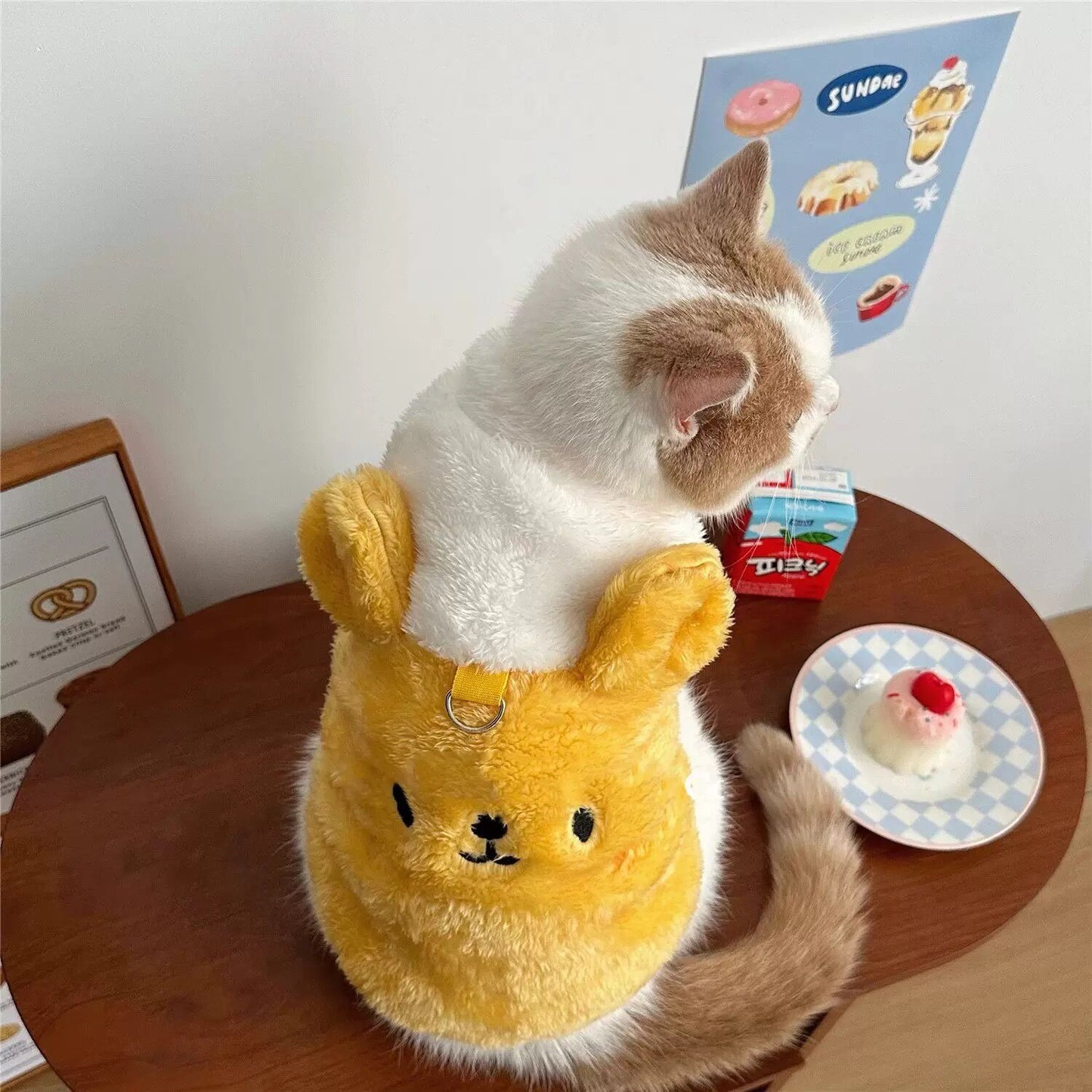 M Cozy Fleece Cat Vest and Hoodie | Warm Winter Pet Costume | Adorable Plush Teddy Design for Small to Medium Cats