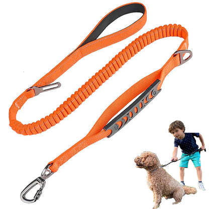 Orange Heavy Duty Elastic Bungee Dog Leash | Anti-Pull Safety Shock Absorber | Multi-Functional Training Lead for Medium to Large Dogs
