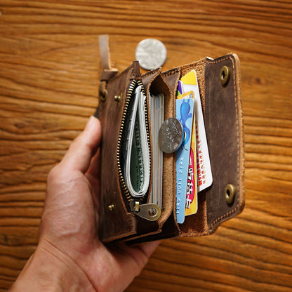 Wine Red Handmade Crazy Horse Leather Wallet Vintage Coin Purse Zipper Card Holder with Strap Snap Closure Top Layer Cowhide 12cm - Image 3