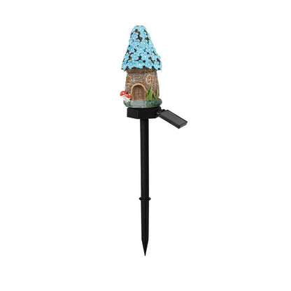 Blue House Solar Powered Mushroom House Garden Stake Lights - Outdoor Waterproof Resin Landscape Decorative Lamps with Warm LED Glow for Patio, Lawn, and Yard