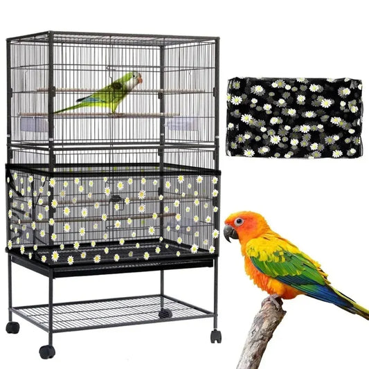 M Black Flower【Height 20, Circumference 170】 Large Bird Cage Seed Catcher Net Cover - Adjustable Mesh Guard Splash-Proof Dust Cover for Indoor Outdoor Cages
