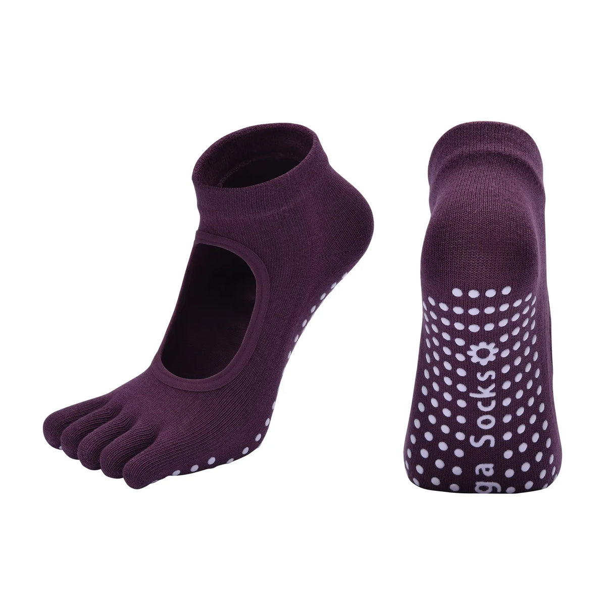 Purple 3-Pack Women's Non-Slip Five-Finger Yoga Socks - Open Back Combed Cotton Pilates & Fitness Grip Socks for Professional Exercise