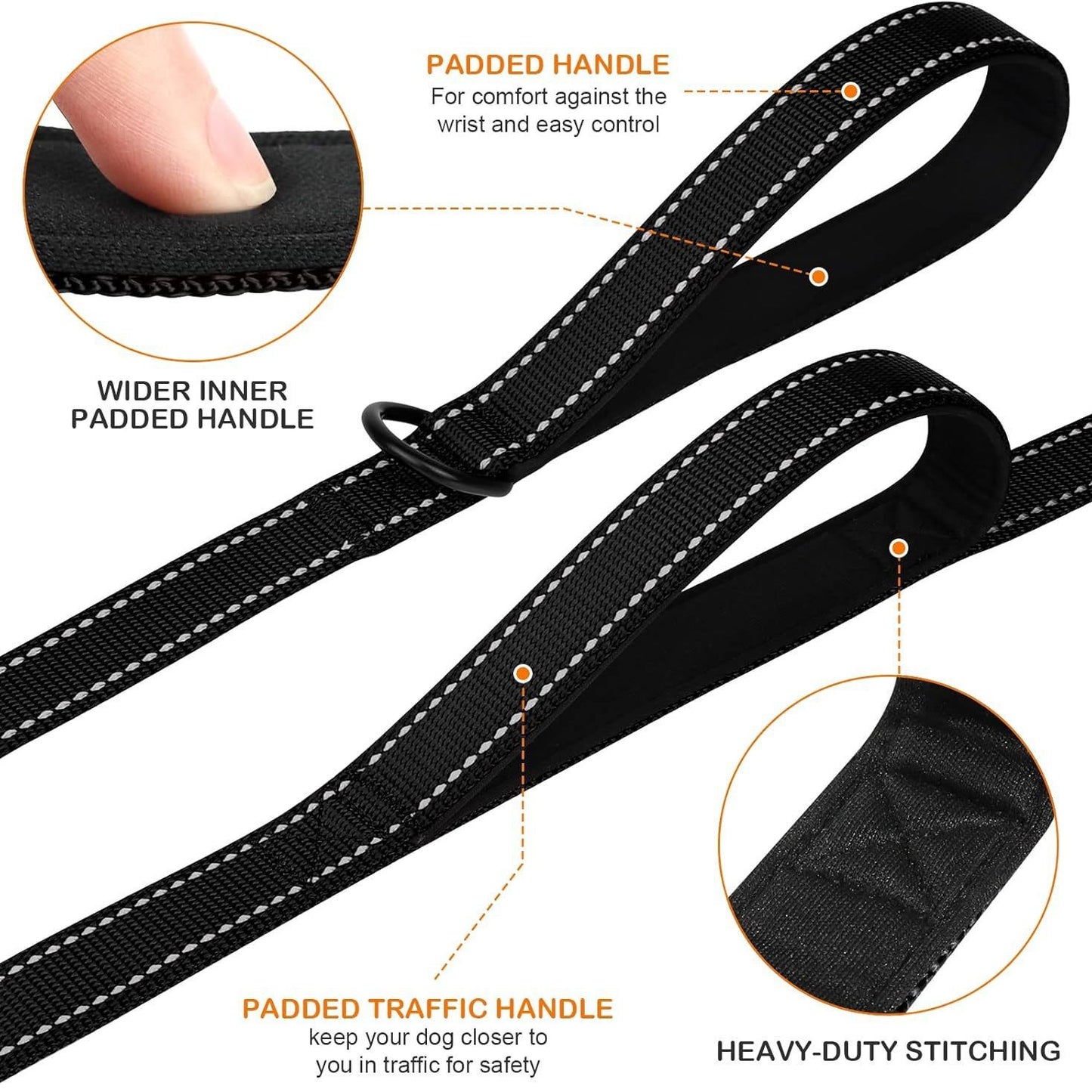 Orange 2.5 Meter Heavy Duty Reflective Dog Leash | Double Padded Traffic Handle | Anti-Chafe Tightly Woven Nylon for Large Dogs - Image 3