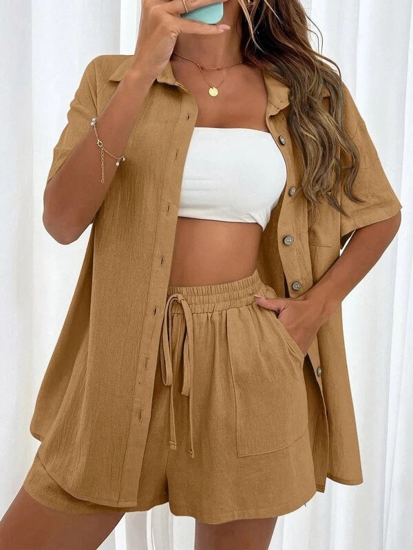 M Brown Women's Elegant 2-Piece Casual Set | Distressed Linen-Look Button-Down Shirt & Drawstring Shorts