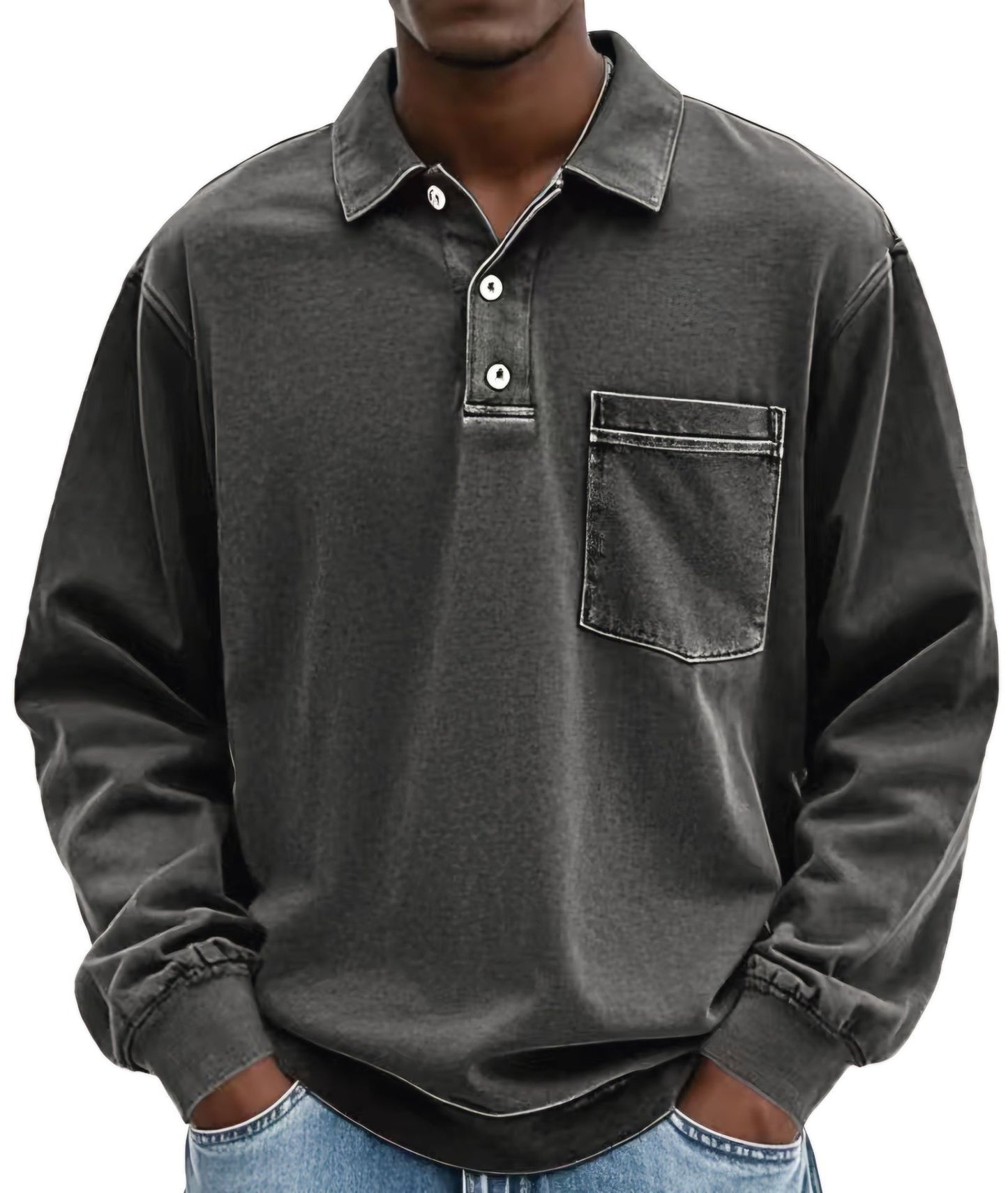 M Black Men's Premium Long Sleeve Polo Shirt | Vintage Washed Relaxed Fit | Casual Loose Buttoned Lapel Top