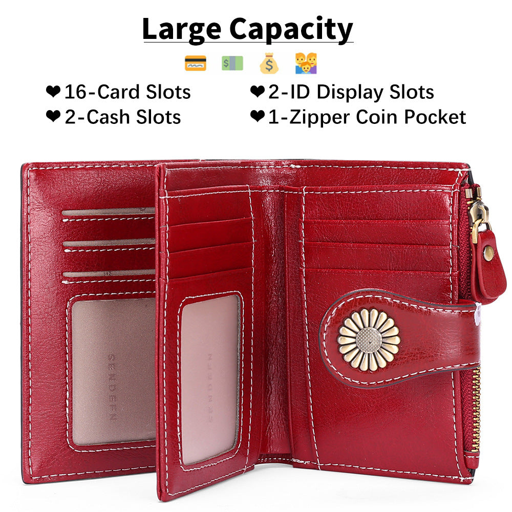 Red Women's Short Leather Wallet - European Style Waxed Leather Coin Purse with Zipper Card Holder in Red - Image 2