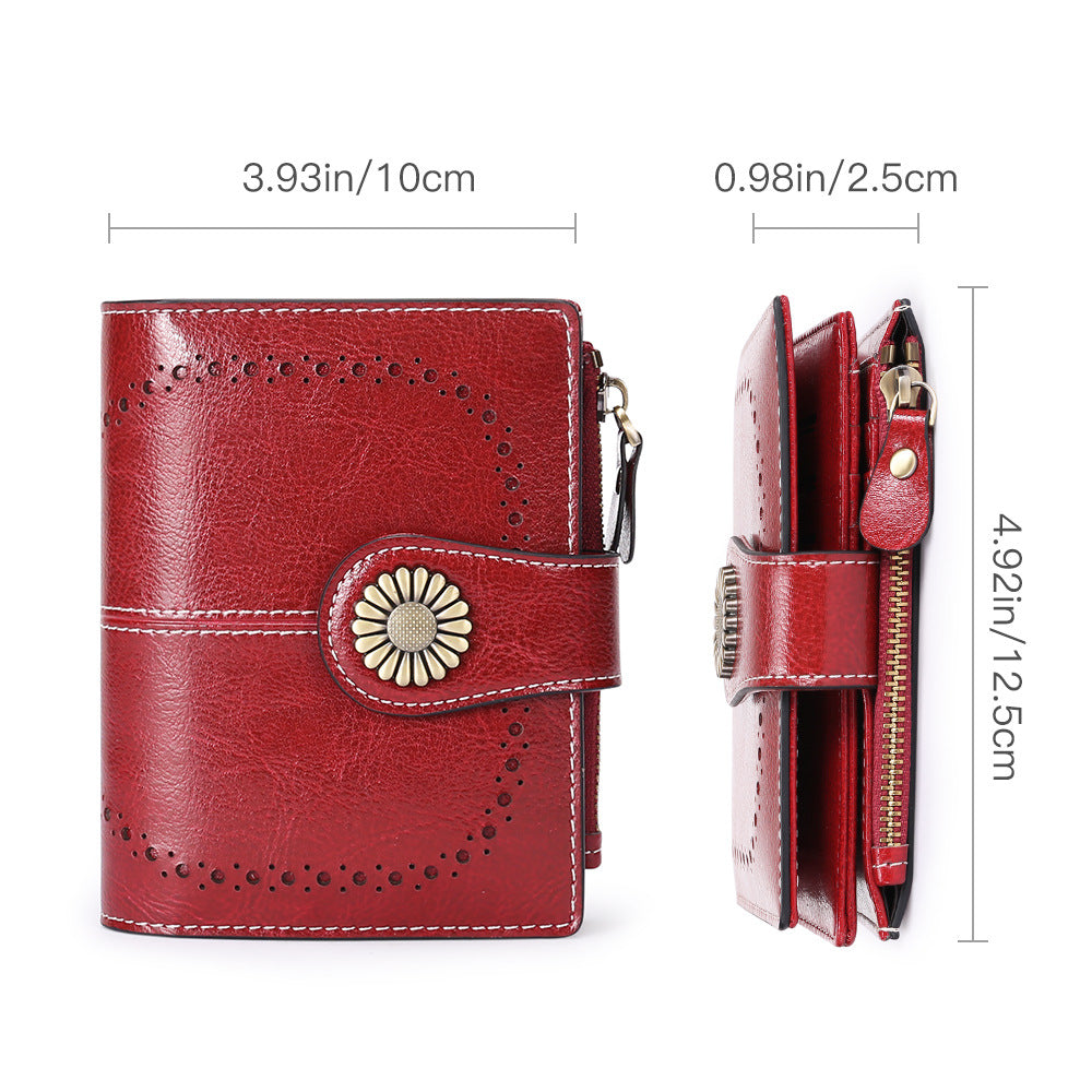 Red Women's Short Leather Wallet - European Style Waxed Leather Coin Purse with Zipper Card Holder in Red - Image 3